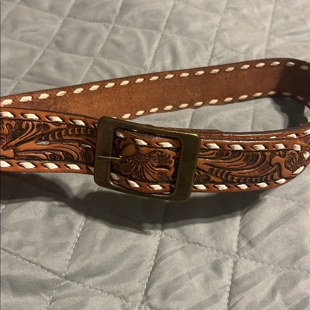Vintage “CHRISTINA” name Tony Lama Brown Leather Belt with White Stitching - Picture 2 of 6